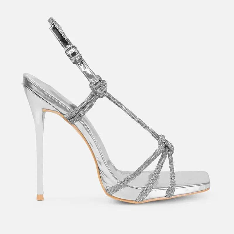 binfenxie  Elegant Rhinestone Bling Heels Sandals Women's Silver Summer High Heels Sandals Trendy Buckle Strap Party Dress Shoes