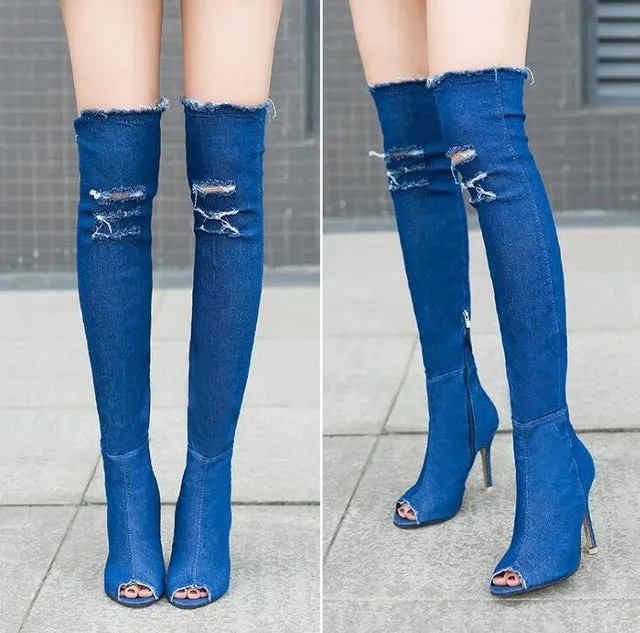 Boots Women Thigh High Boots 2018 Winter Women Boots High Heels Women Shoes tassel jean boot ladies shoes Good service S249