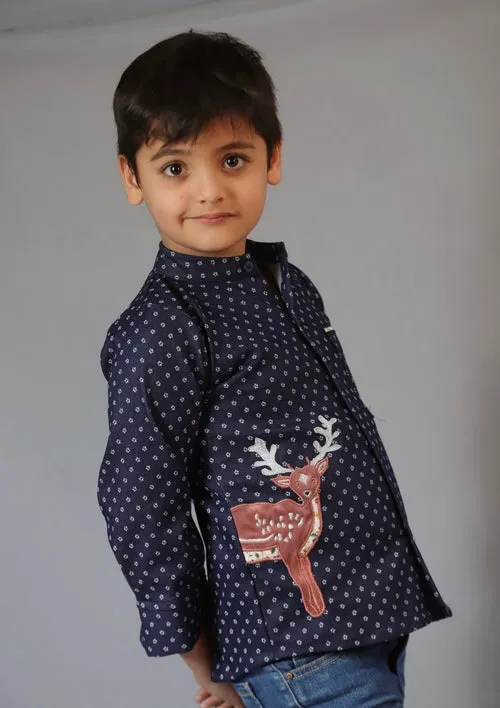 Boy & Girl Blue Printed Denim Cotton Lycra Reindeer Embroidered Twinning Set Duo