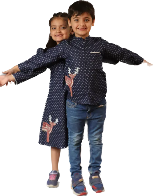 Boy & Girl Blue Printed Denim Cotton Lycra Reindeer Embroidered Twinning Set Duo