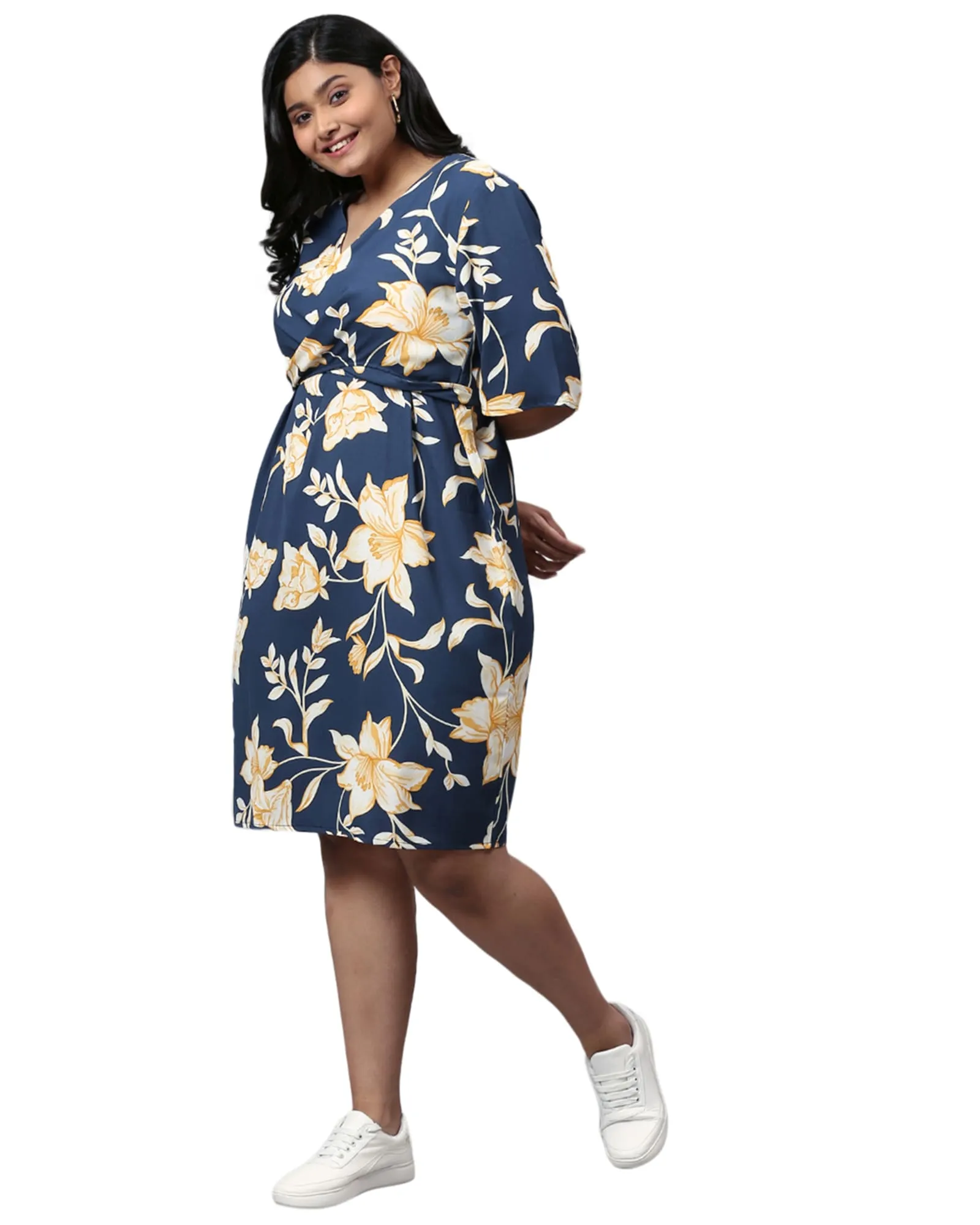 Floral Design Stylish Casual Dress- Royal Blue | Royal Blue