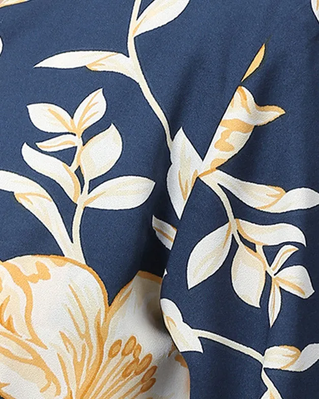Floral Design Stylish Casual Dress- Royal Blue | Royal Blue