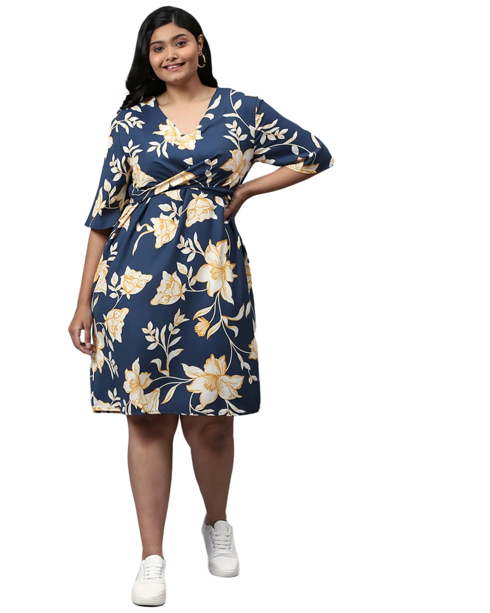 Floral Design Stylish Casual Dress- Royal Blue | Royal Blue