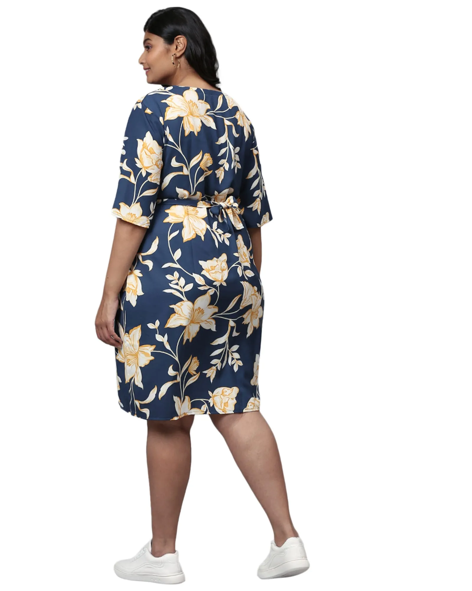 Floral Design Stylish Casual Dress- Royal Blue | Royal Blue
