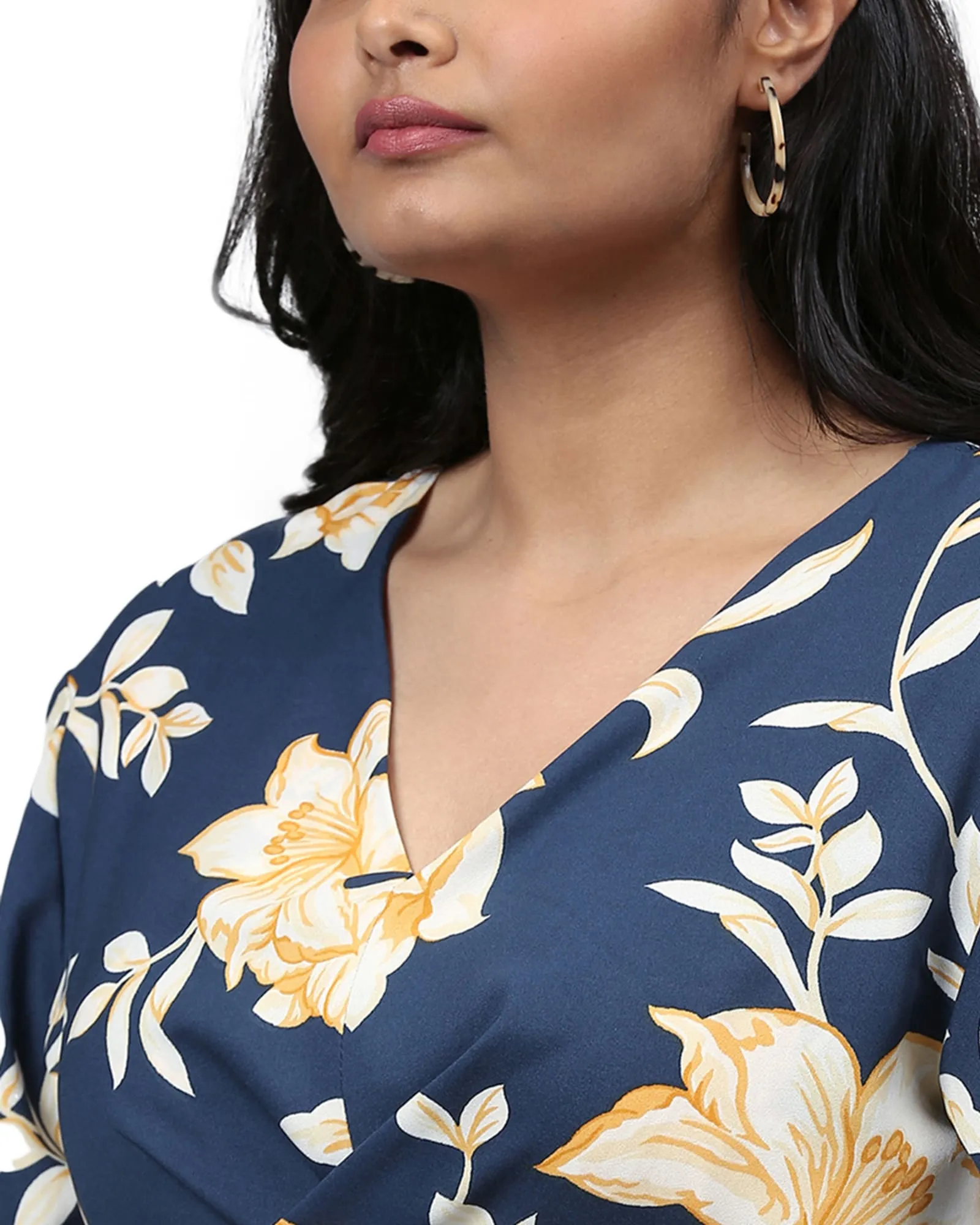 Floral Design Stylish Casual Dress- Royal Blue | Royal Blue
