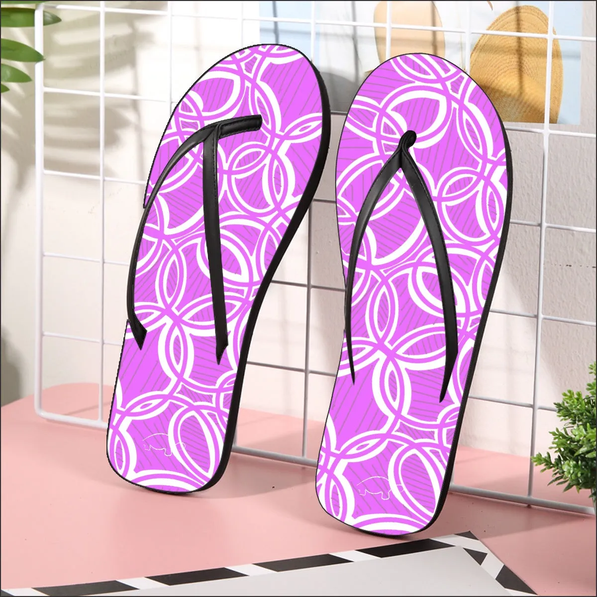 Geometric Pink Women's Flip Flops. Design hand-painted.