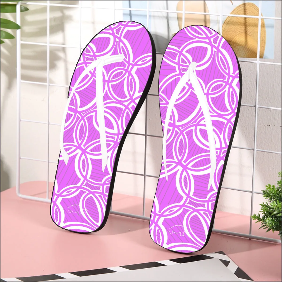 Geometric Pink Women's Flip Flops. Design hand-painted.