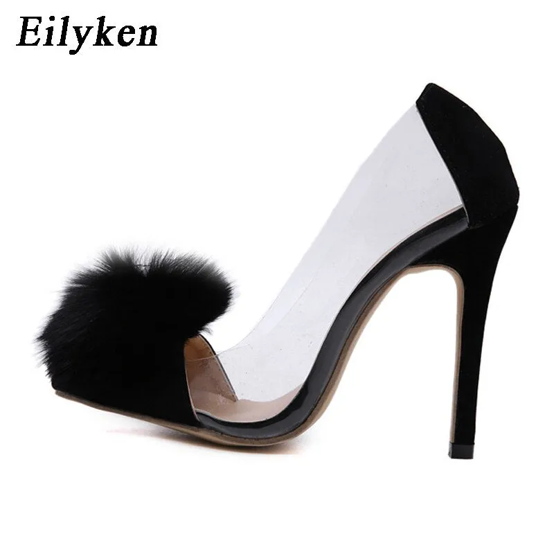 kamames 2023 New Sexy Feather Pointed Toe Women Pumps Sandals Fashion Slip On Black Ladies Thin High Heels Shoes Size 35-40