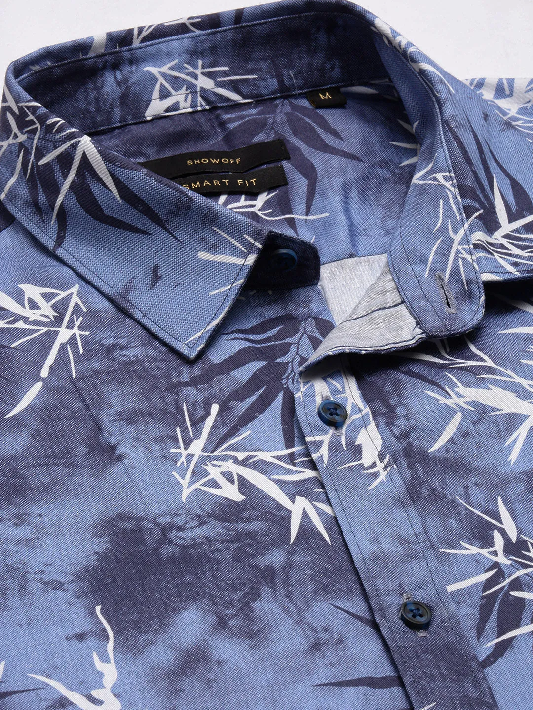 Men Blue Smart Slim Fit Floral Printed Spread Collar Oxford Cotton Casual Shirt