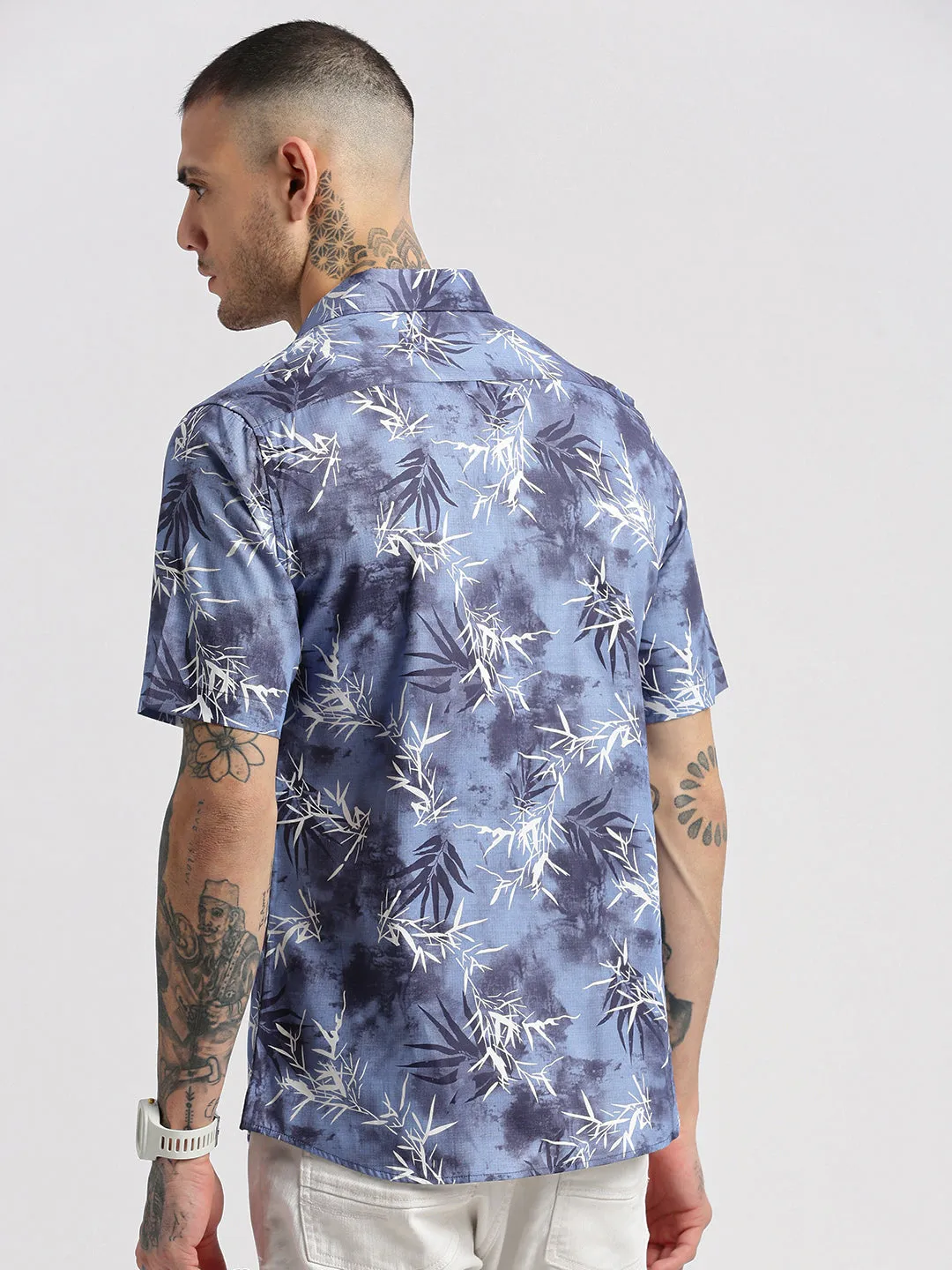 Men Blue Smart Slim Fit Floral Printed Spread Collar Oxford Cotton Casual Shirt
