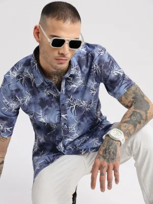 Men Blue Smart Slim Fit Floral Printed Spread Collar Oxford Cotton Casual Shirt