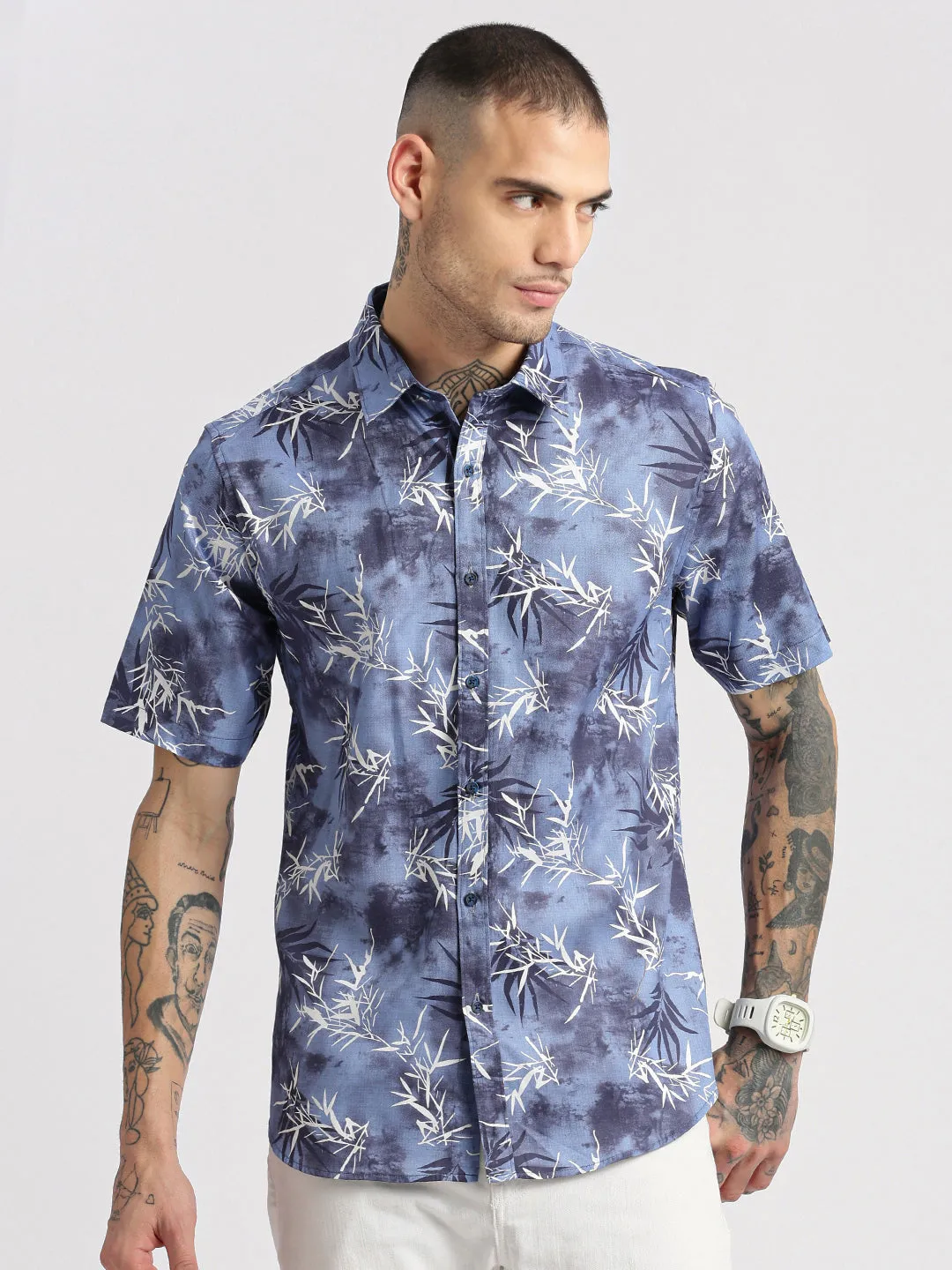 Men Blue Smart Slim Fit Floral Printed Spread Collar Oxford Cotton Casual Shirt