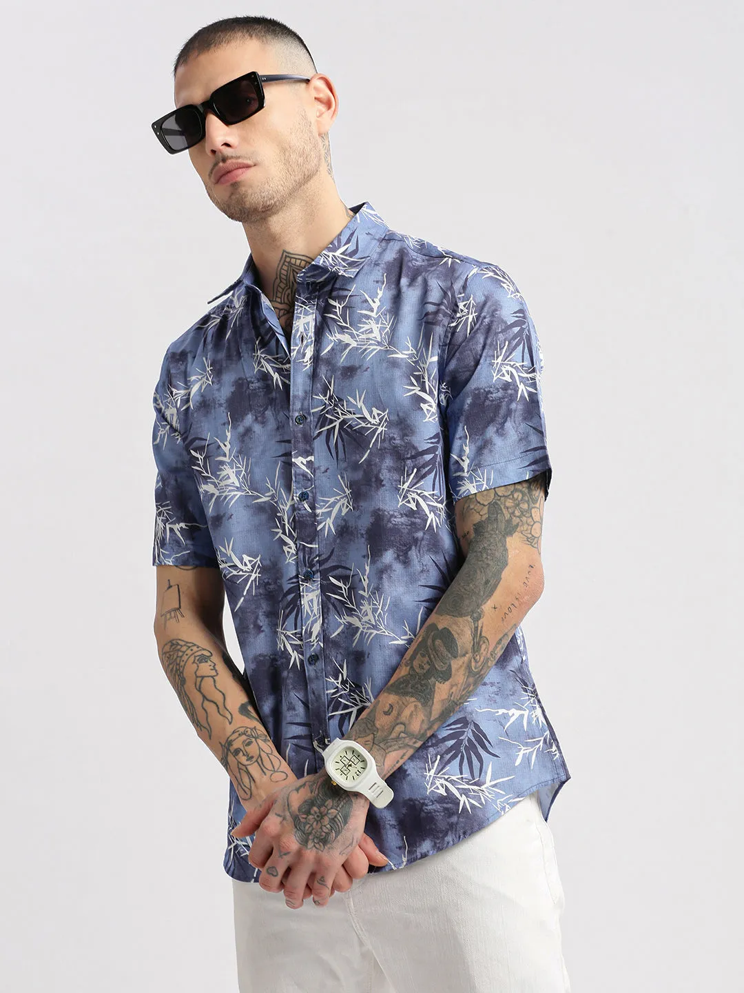 Men Blue Smart Slim Fit Floral Printed Spread Collar Oxford Cotton Casual Shirt