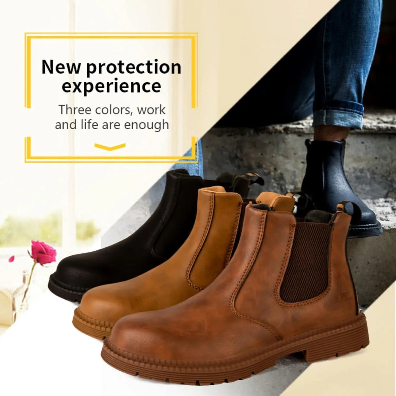 Micoklinlin Steel Toe Boots for Men Waterproof Slip-on Safety Shoes Industrial Construction Mens Steel Toe Work Boots