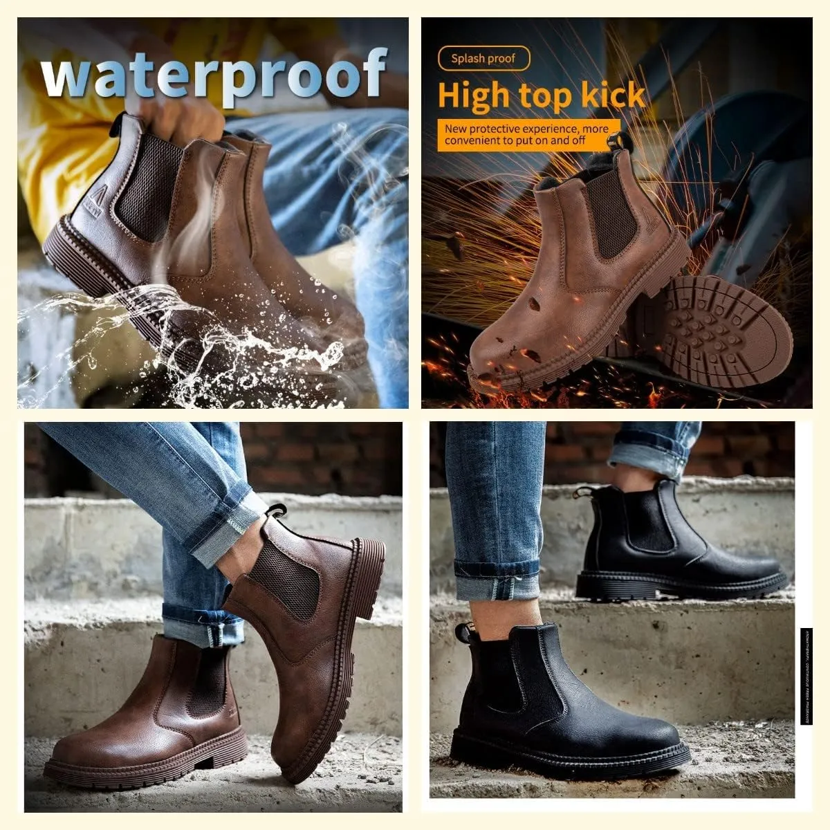 Micoklinlin Steel Toe Boots for Men Waterproof Slip-on Safety Shoes Industrial Construction Mens Steel Toe Work Boots
