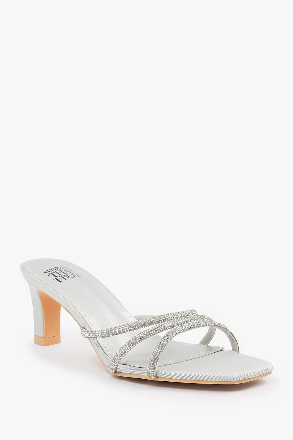 PENELOPE SQUARE TOE LOW BLOCK HEEL WITH DIAMANTE STRAP DETAIL IN SILVER SATIN