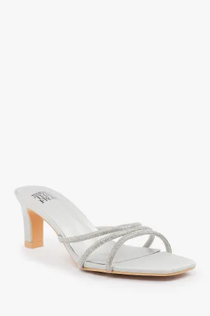 PENELOPE SQUARE TOE LOW BLOCK HEEL WITH DIAMANTE STRAP DETAIL IN SILVER SATIN