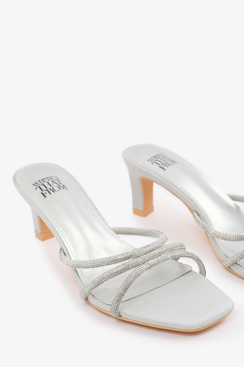 PENELOPE SQUARE TOE LOW BLOCK HEEL WITH DIAMANTE STRAP DETAIL IN SILVER SATIN