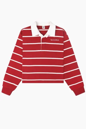 Sporty & Rich Serif Logo Cropped Rugby Polo - Ruby/White