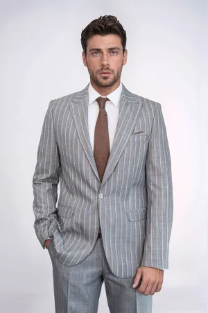 Striped Blazer Plain Pants Grey Men Suit - Wessi