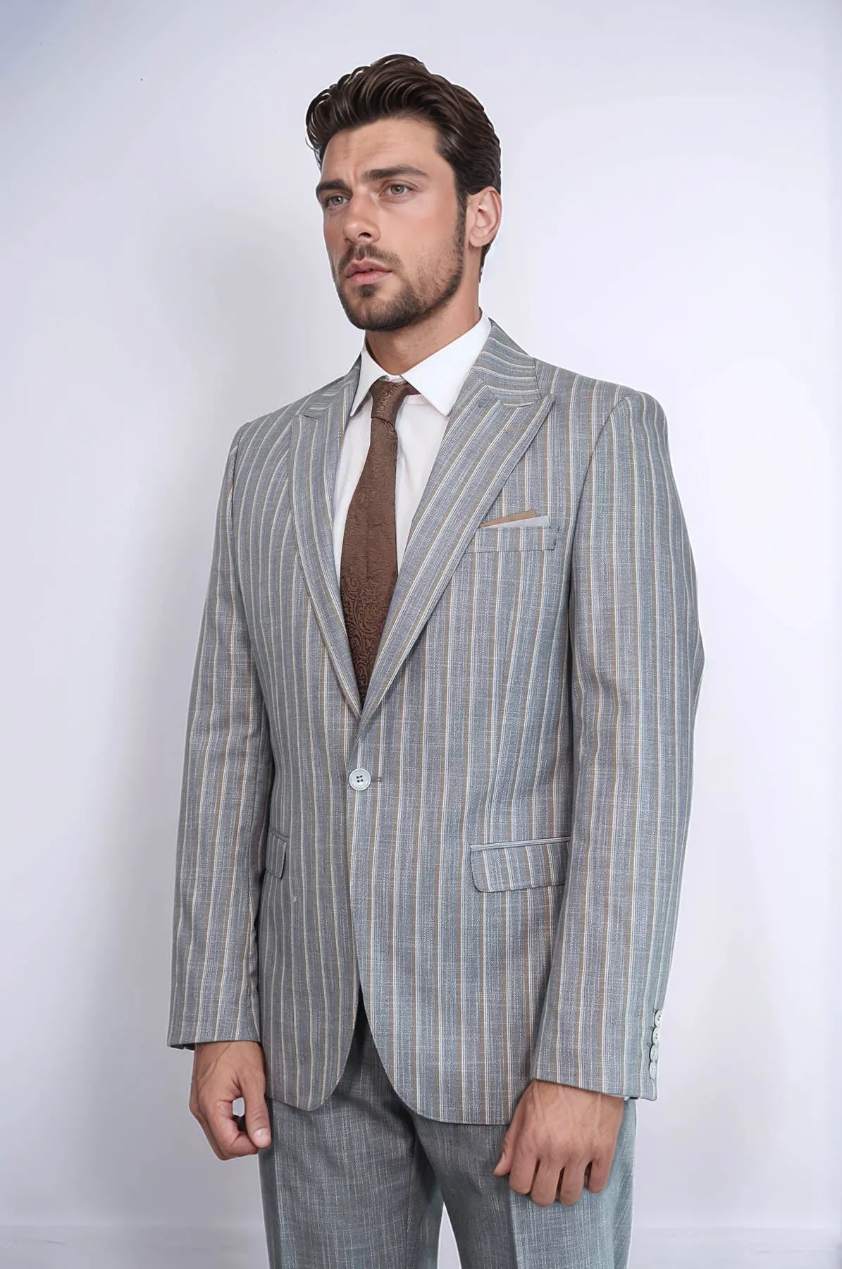 Striped Blazer Plain Pants Grey Men Suit - Wessi