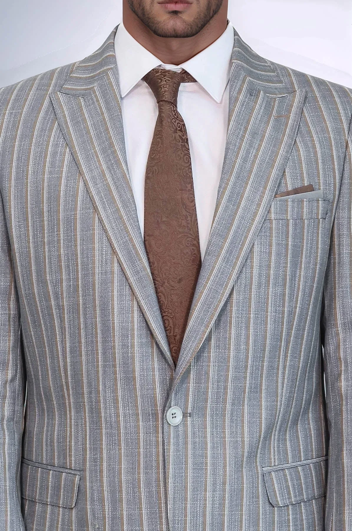 Striped Blazer Plain Pants Grey Men Suit - Wessi