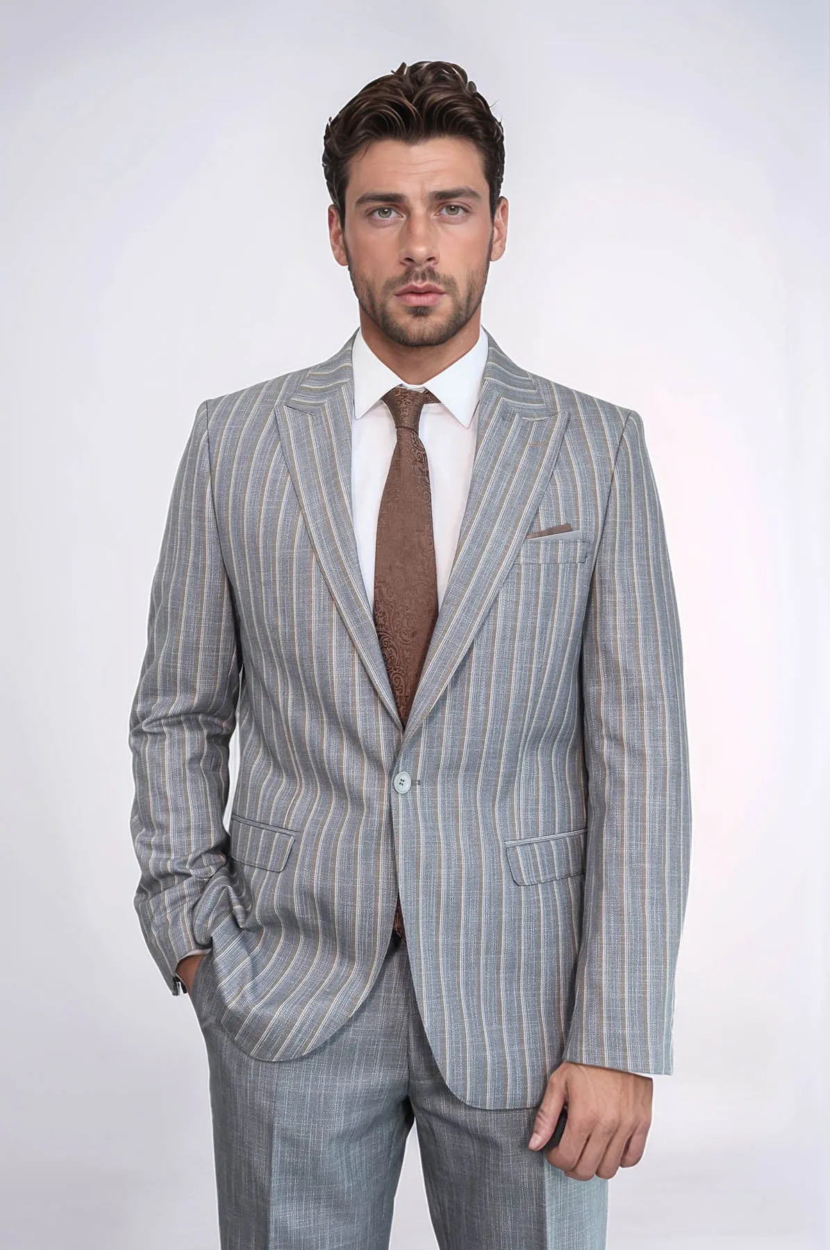 Striped Blazer Plain Pants Grey Men Suit - Wessi