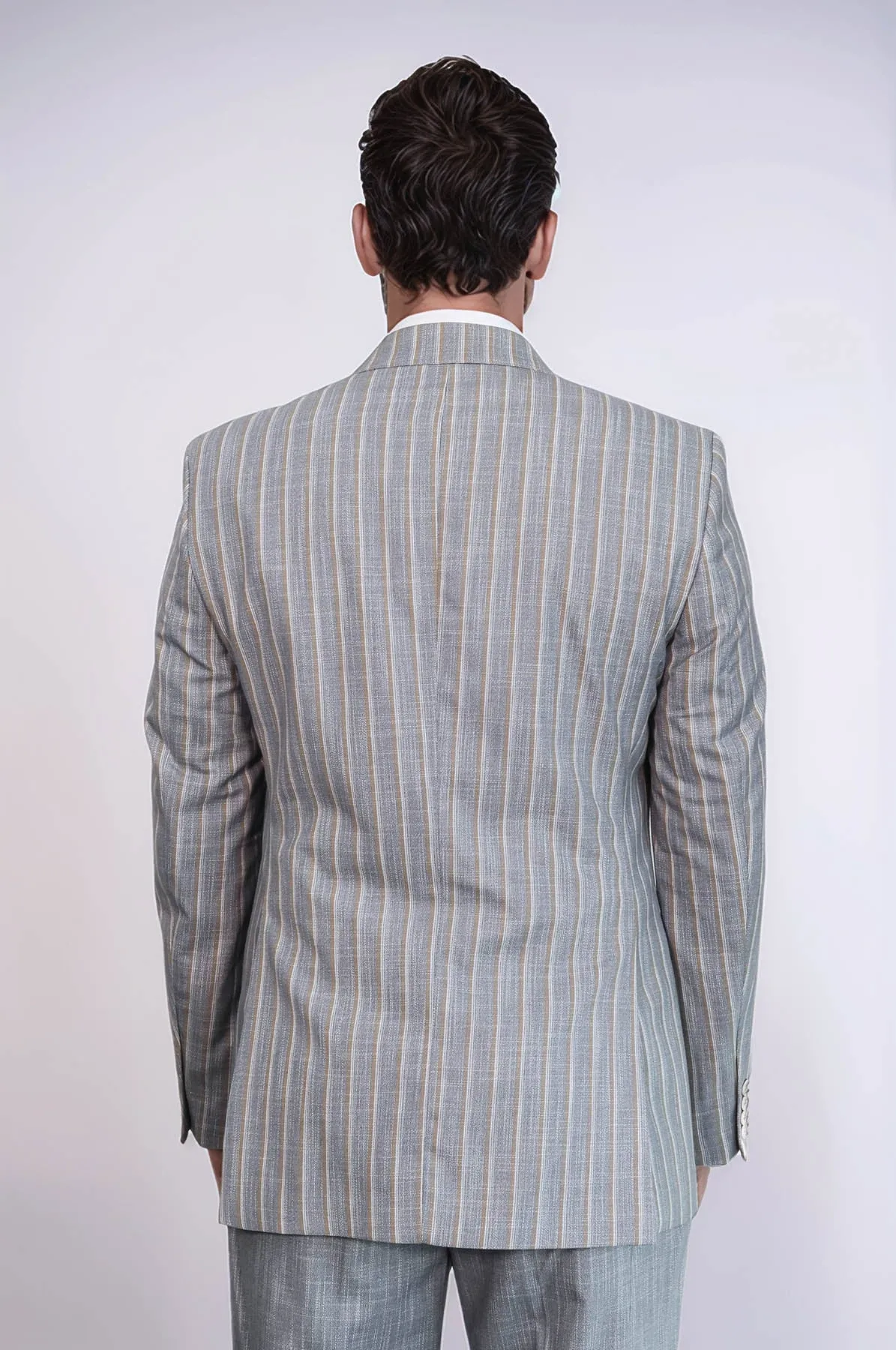 Striped Blazer Plain Pants Grey Men Suit - Wessi