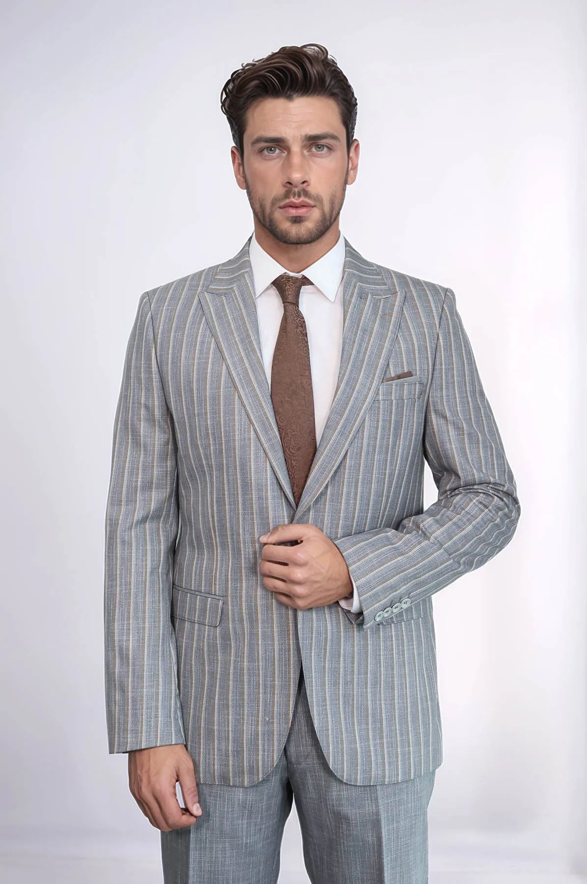 Striped Blazer Plain Pants Grey Men Suit - Wessi