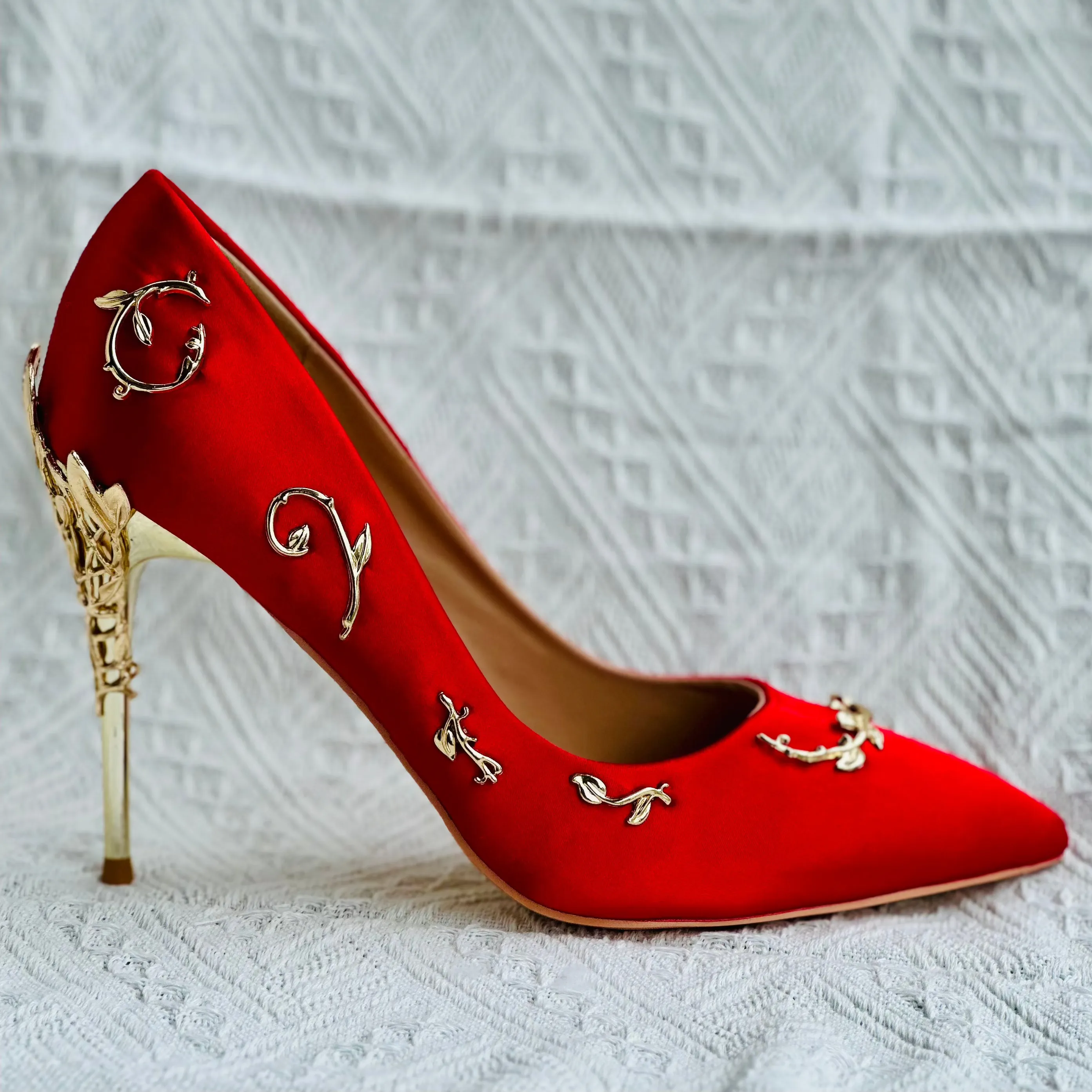 Women Flower Heel Wedding Shoes Elegant Silk High Heels Pumps