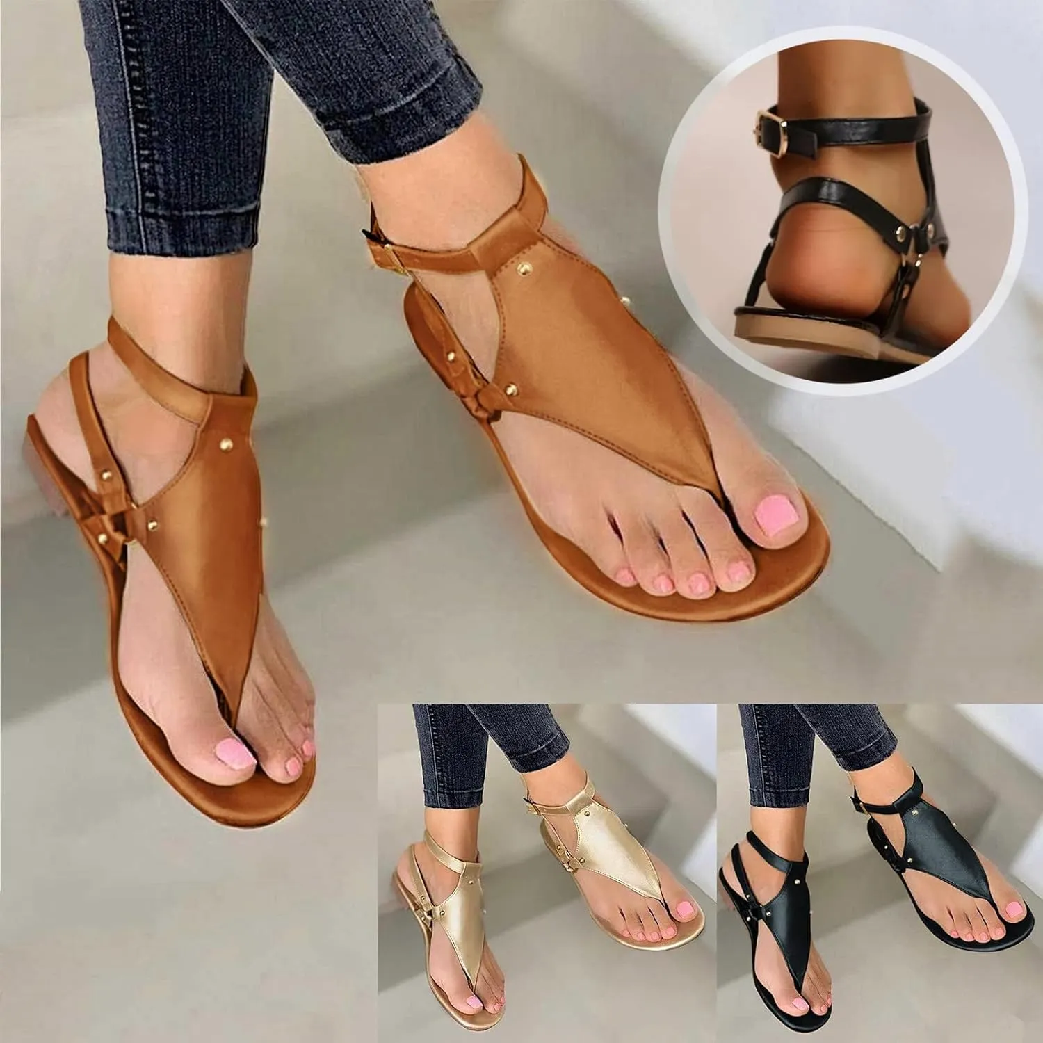 Womens Dressy Thong Sandals Low Heel Open Toe Flat Buckle Ankle Strap Comfortable Shoes Beach Walking Gladiator Roman Sandals Breathable Casual Soft Shoes